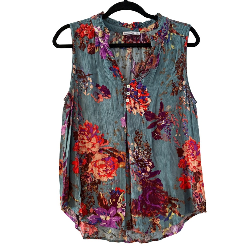 Pink Clover Ruffle Neck Sleeveless‎ Floral Print Blouse Women's Size Medium